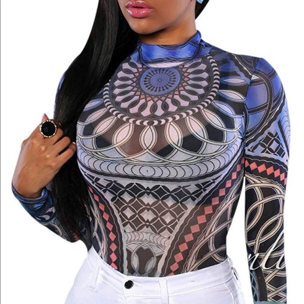 Small Medium Tribal Mesh Long-sleeved Bodysuit